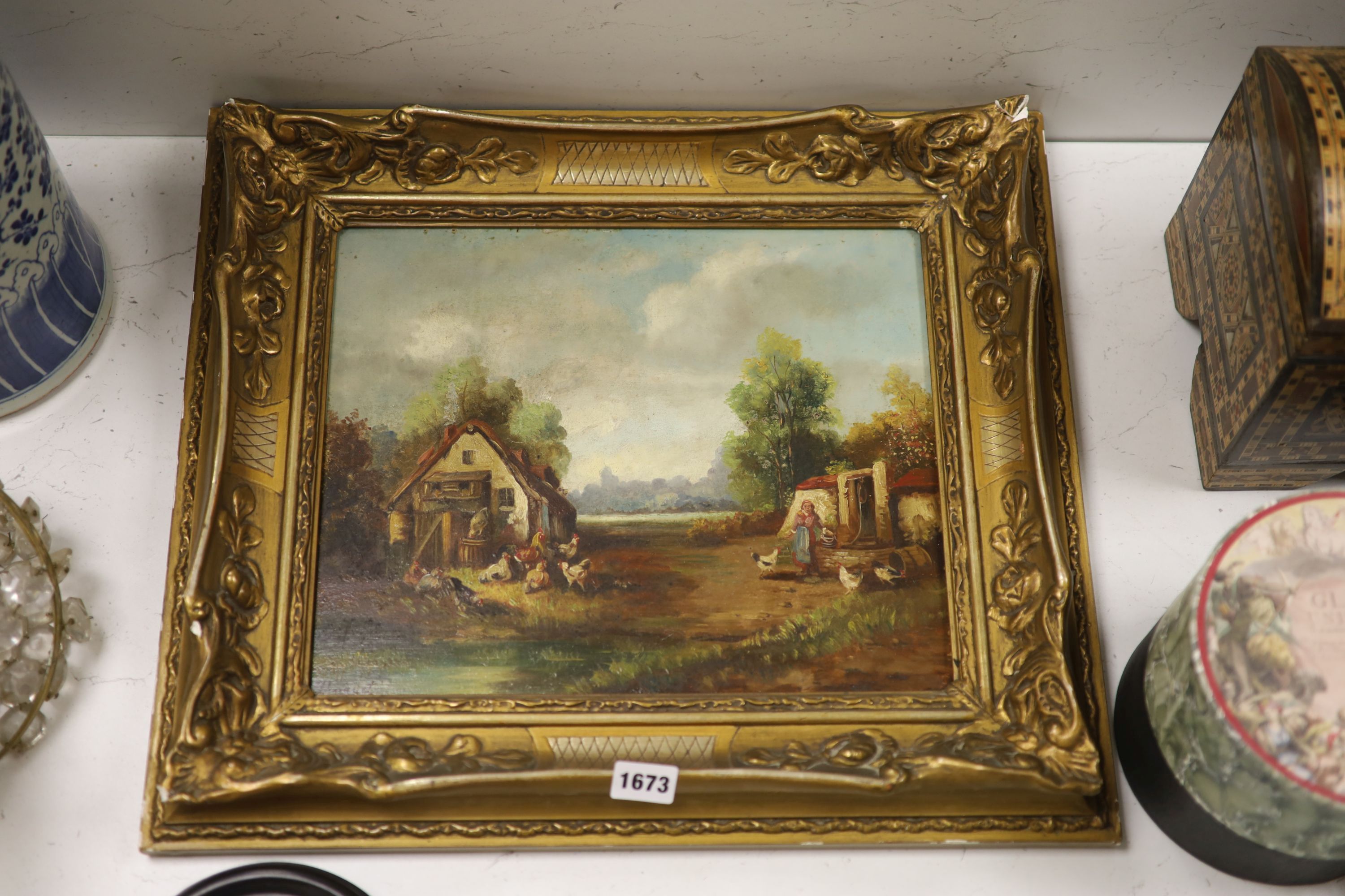 Demeret, oil on board, Landscape with woman feeding chickens, 28 x 34cm